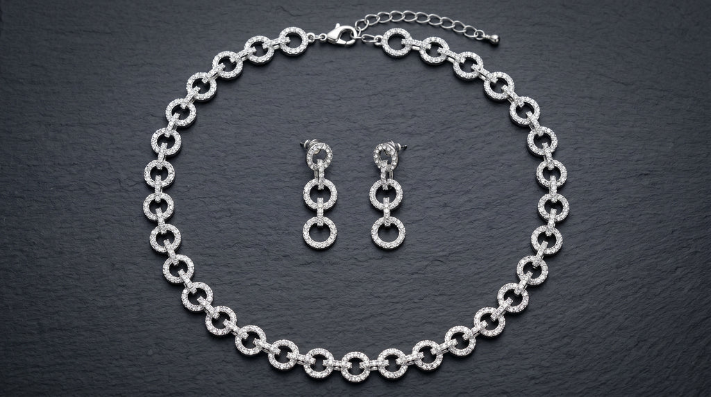 Silver Crystal Diamond Circle Link Chain Necklace Set