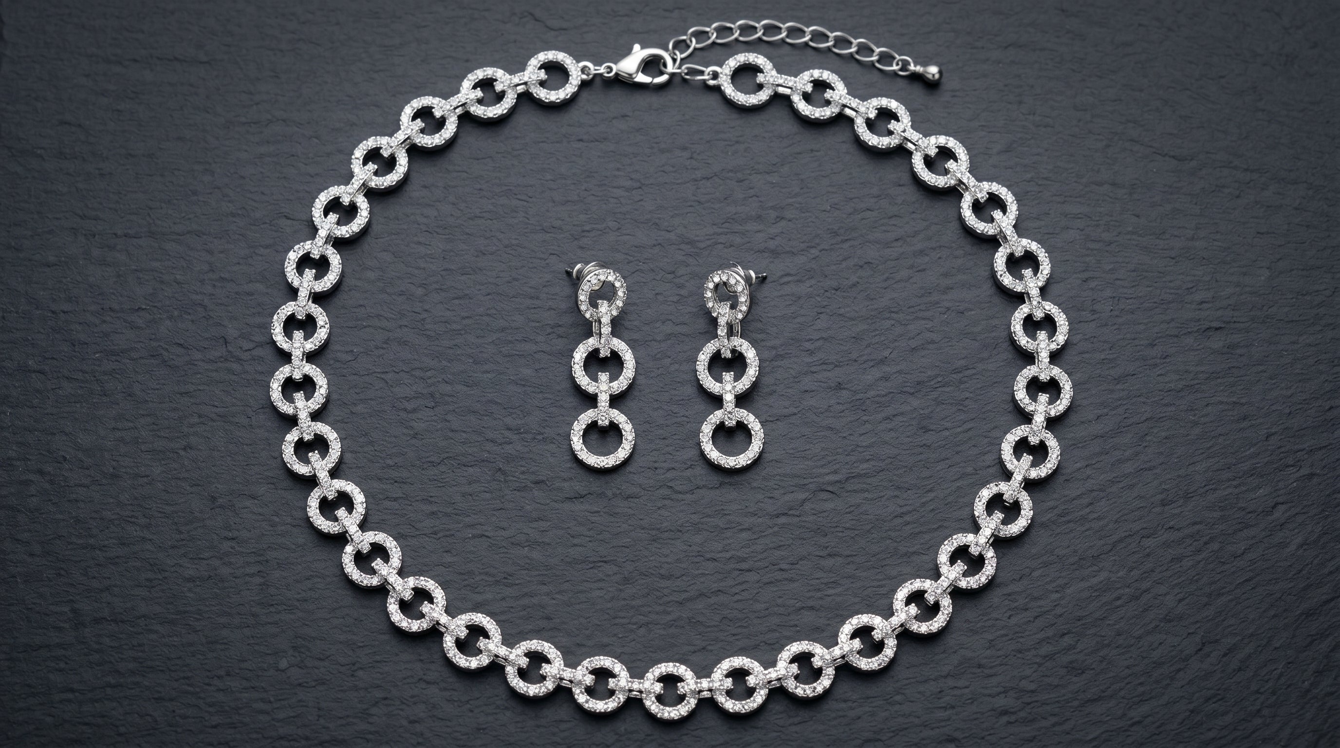 Silver Crystal Diamond Circle Link Chain Necklace Set