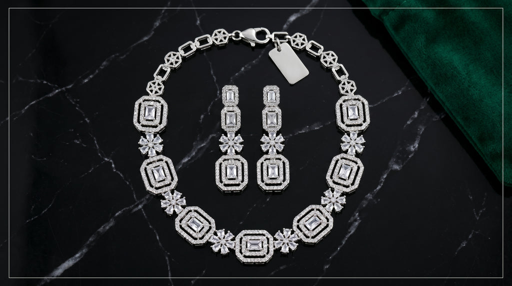 Silver Crystal Diamond Baguette Square Panel Choker Necklace Set