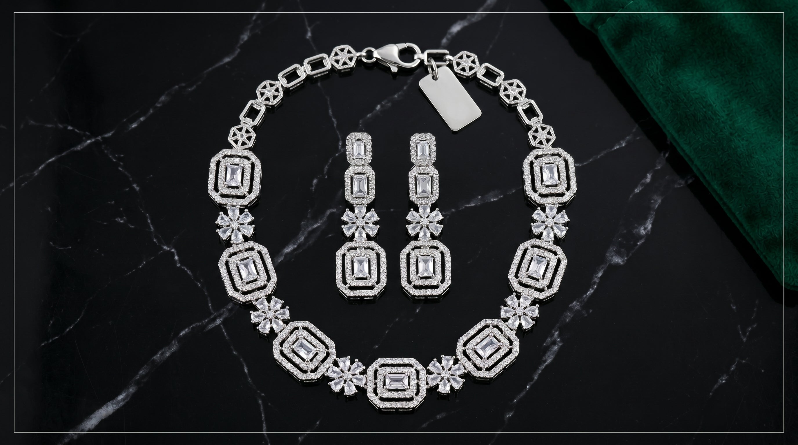 Silver Crystal Diamond Baguette Square Panel Choker Necklace Set