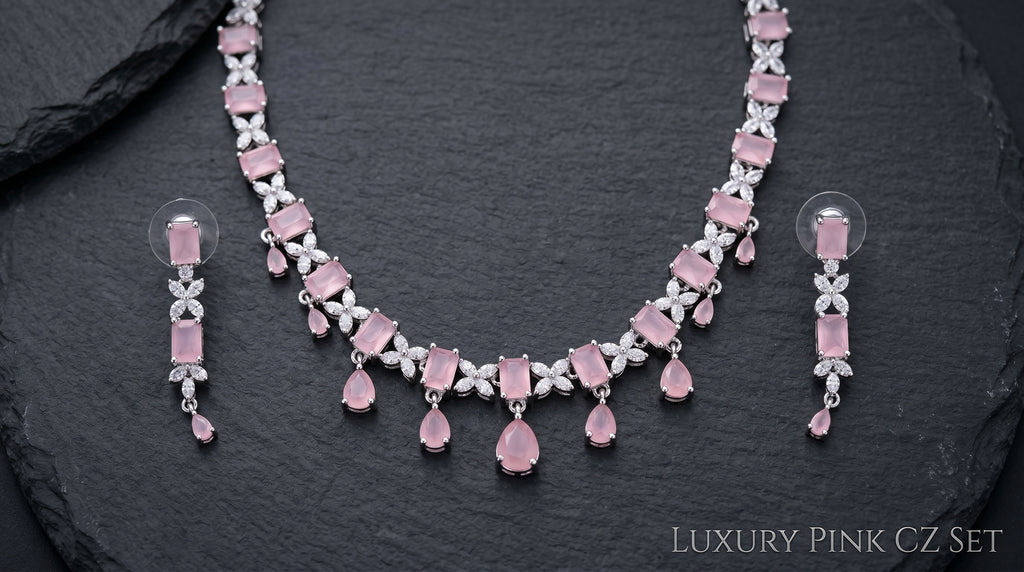 Rose Pink Opal & Crystal Diamond Butterfly Floral Necklace Set