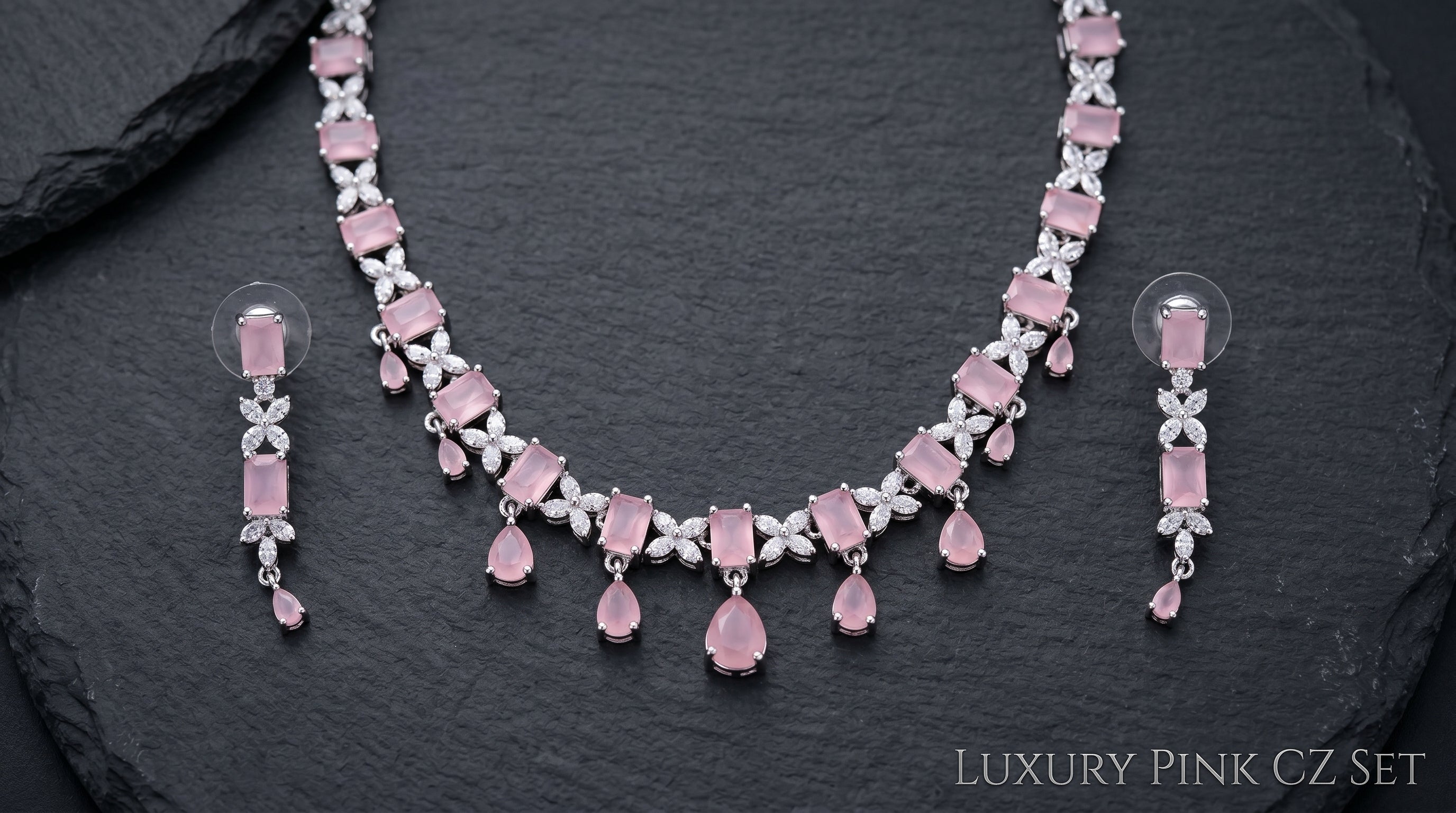 Rose Pink Opal & Crystal Diamond Butterfly Floral Necklace Set