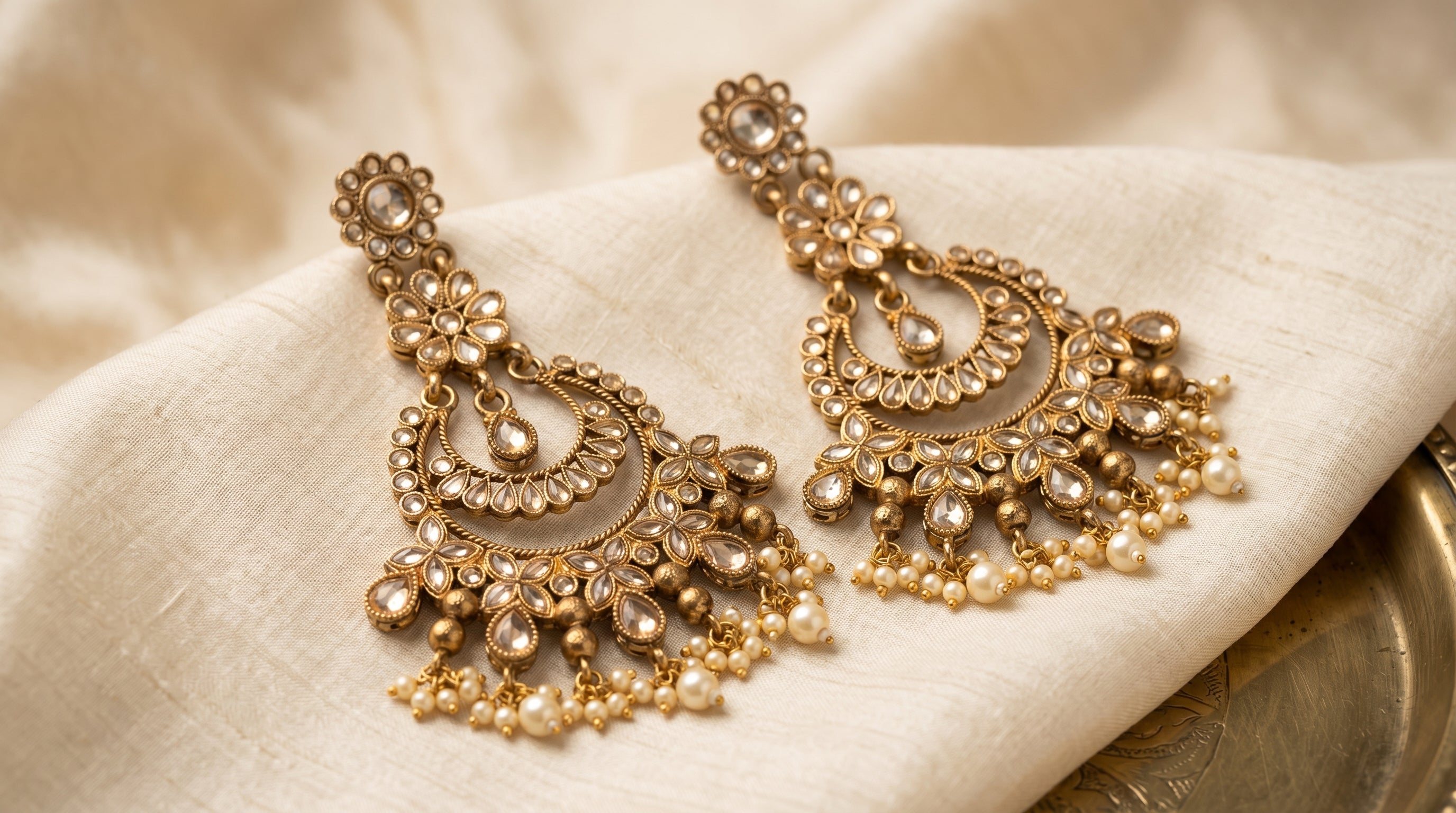 Kundan Chandbali Earrings with Pearl Drops