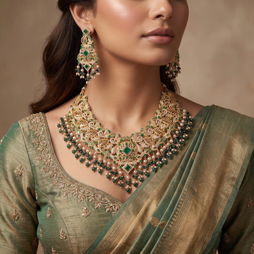 Emerald Green Leaf Jaali Bridal Set with Jhoomar
