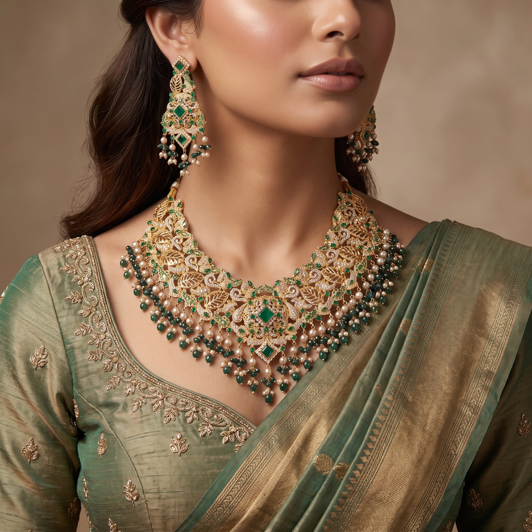 Emerald Green Leaf Jaali Bridal Set with Jhoomar