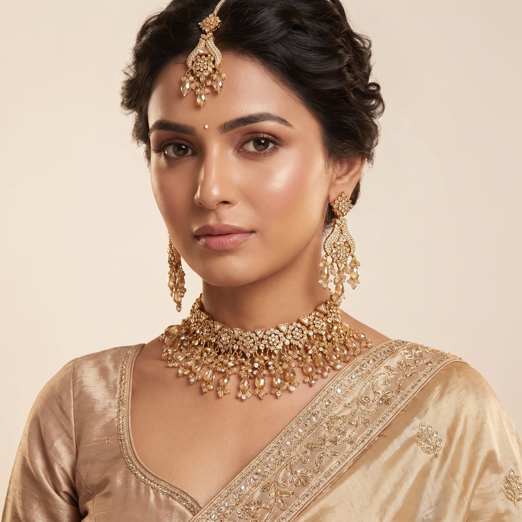 Champagne Gold Zircon Bridal Set with Jhoomar