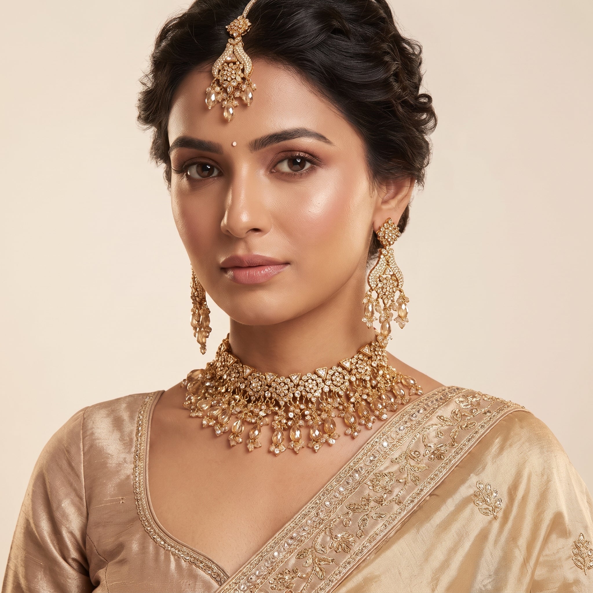 Champagne Gold Zircon Bridal Set with Jhoomar
