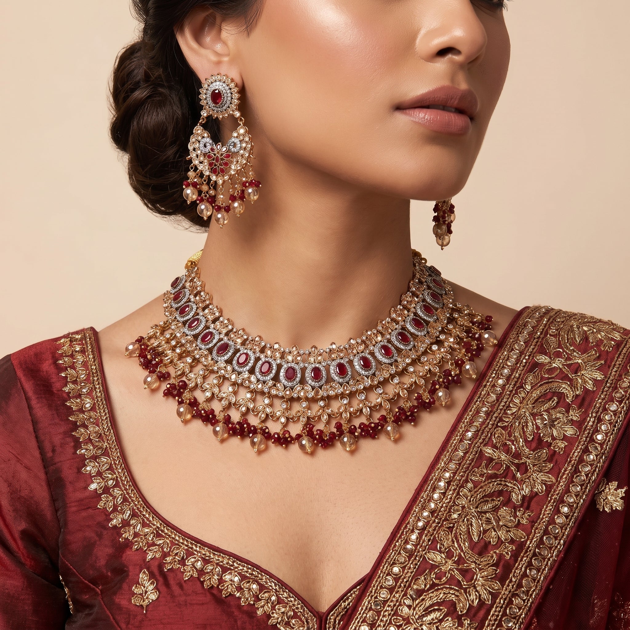 Maroon Ruby Halo Bridal Set with Jhoomar