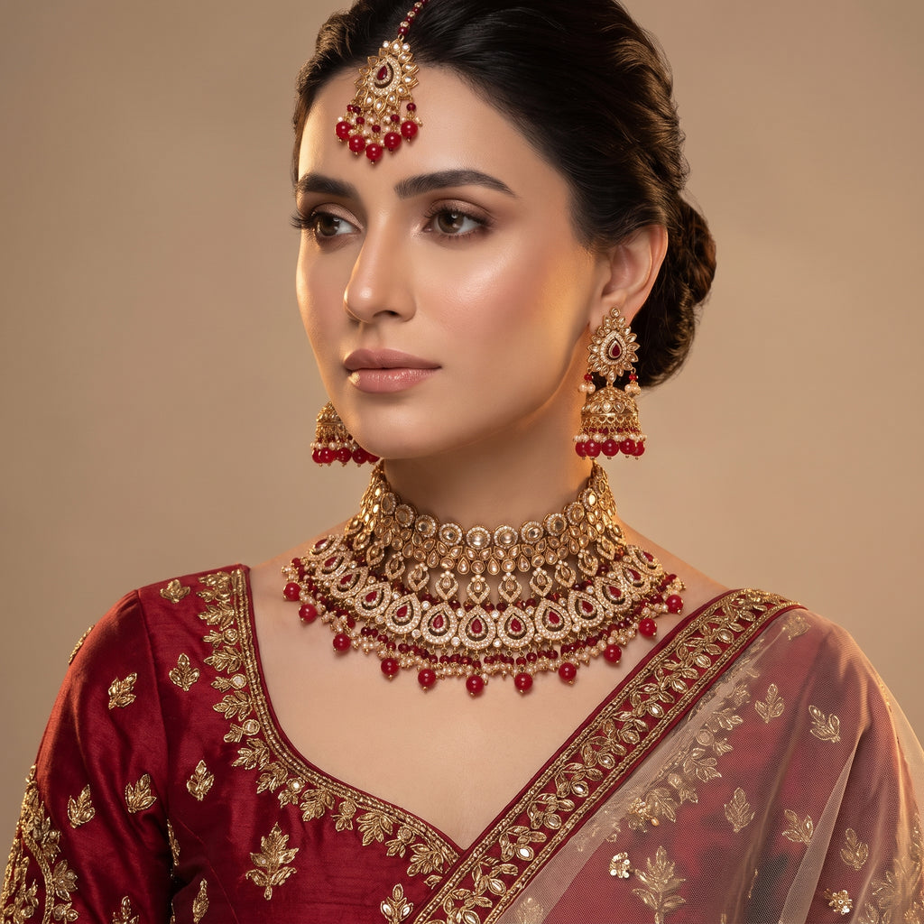 Scarlet Red Teardrop Chandbali Bridal Set with Jhoomar