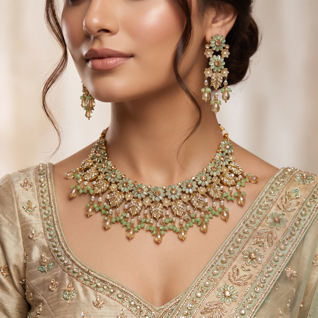 Pistachio Green Enamel Floral Bridal Set