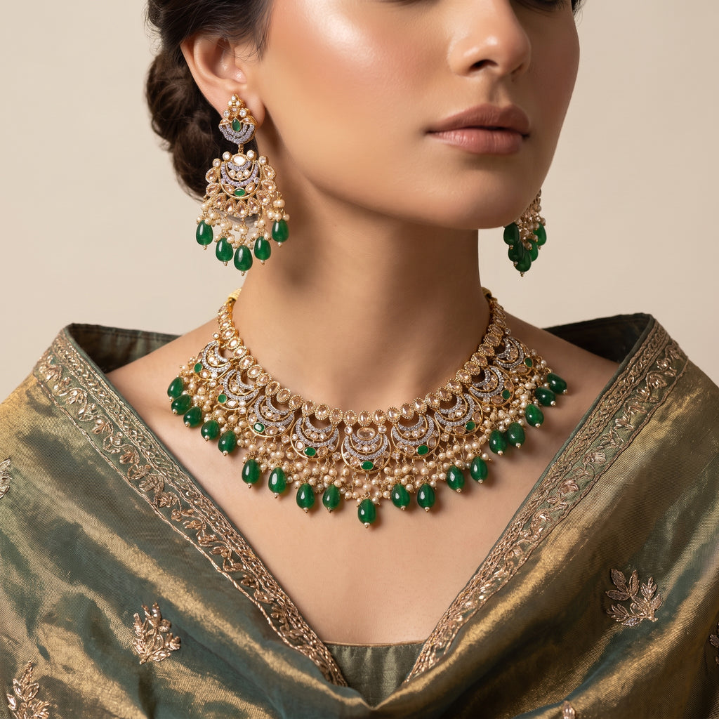 Gold Chaand Emerald Drop Bridal Set