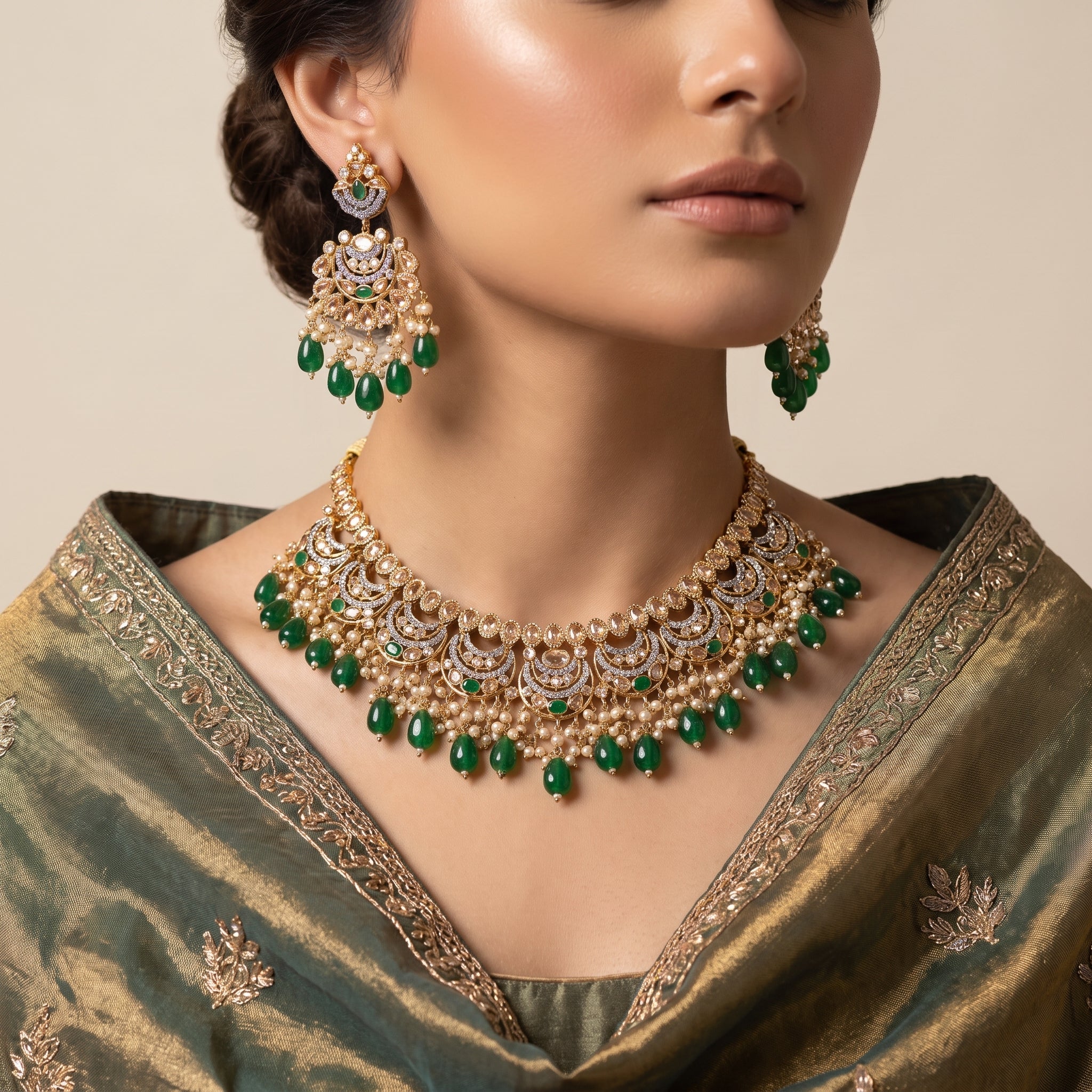 Gold Chaand Emerald Drop Bridal Set