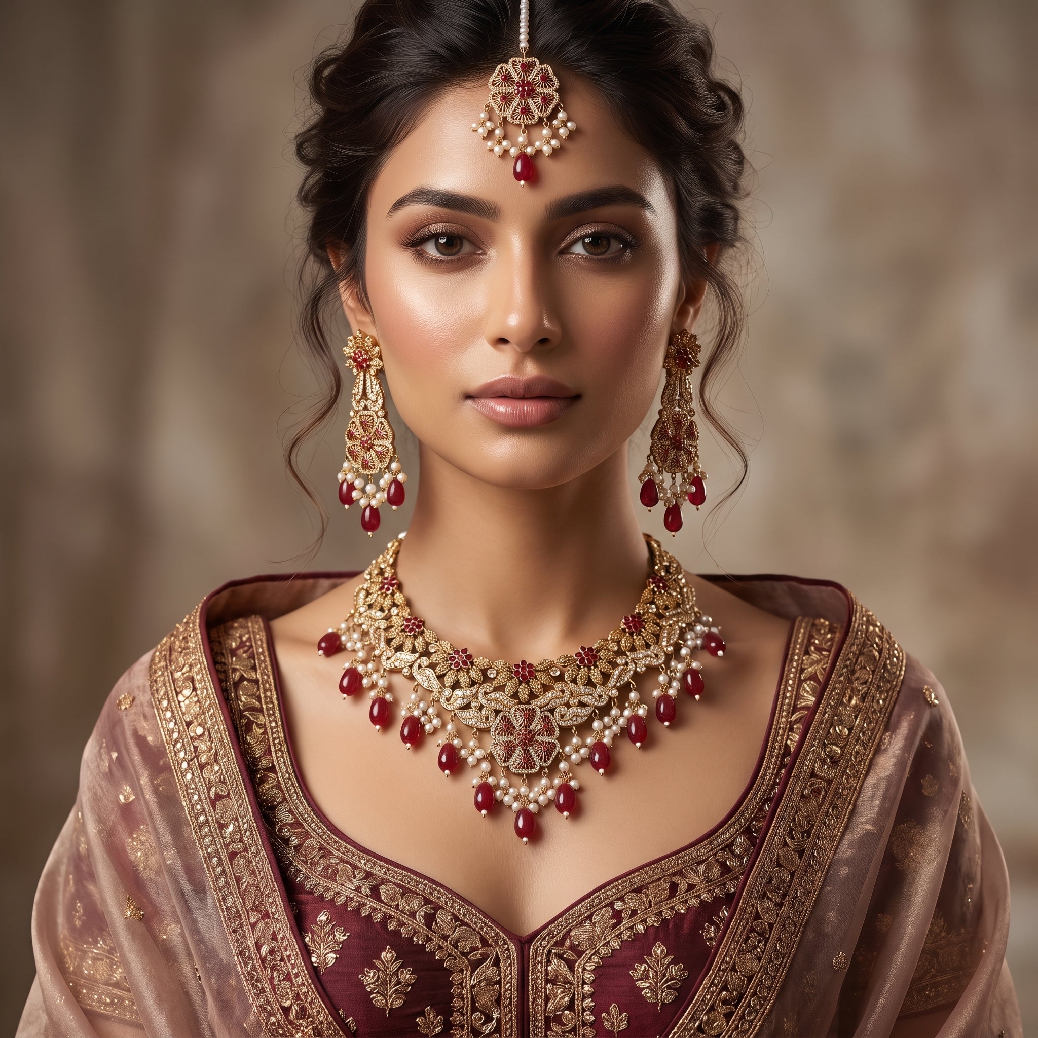 Ruby Rosette & Pearl Bridal Set with Jhoomar