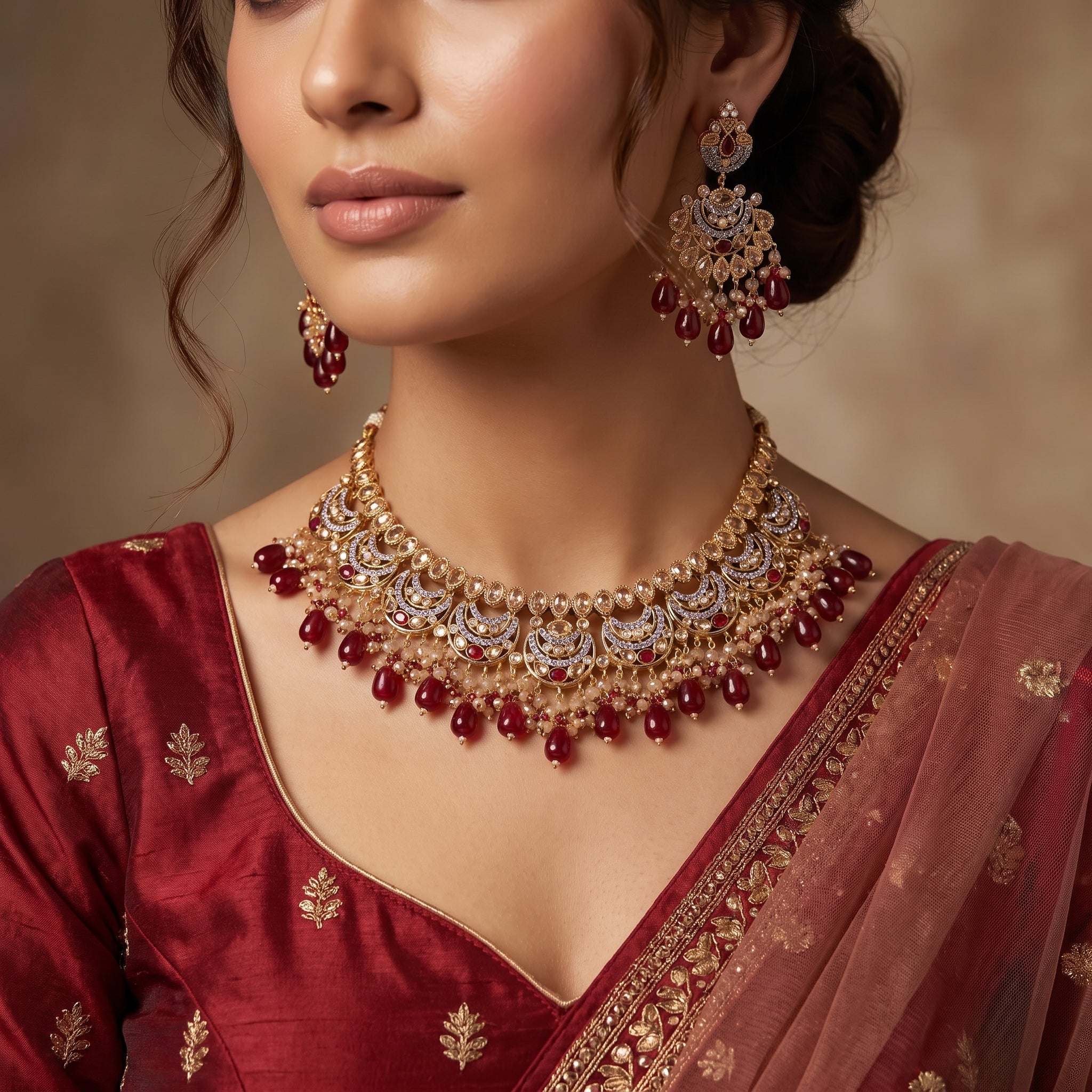 Gold Chaand Maroon Drop Bridal Set with Tikka