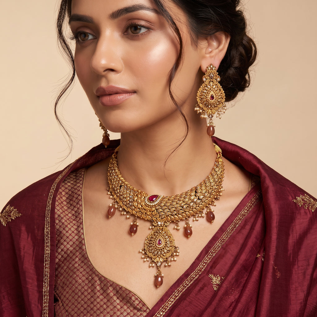 Antique Gold Textured Collar Bridal Set with Ruby Accent