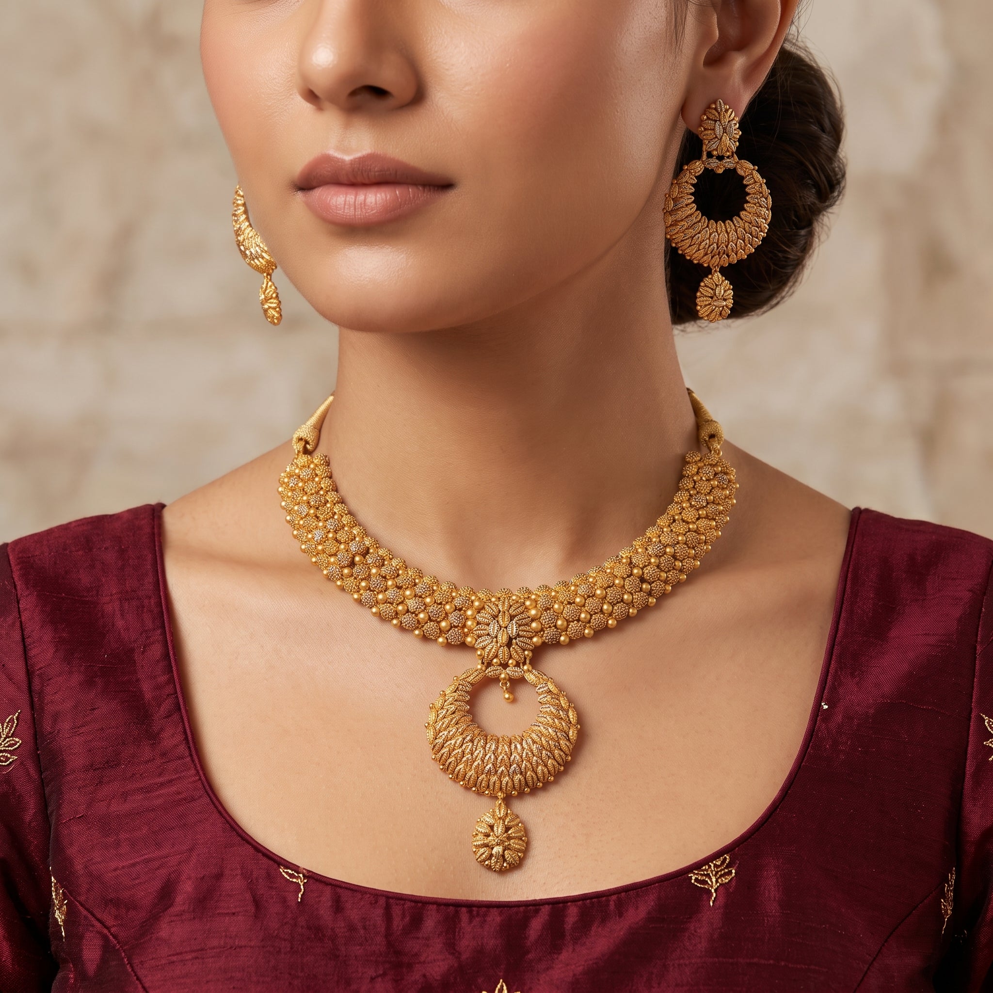 Classic Gold Floral Chandbali Necklace Set