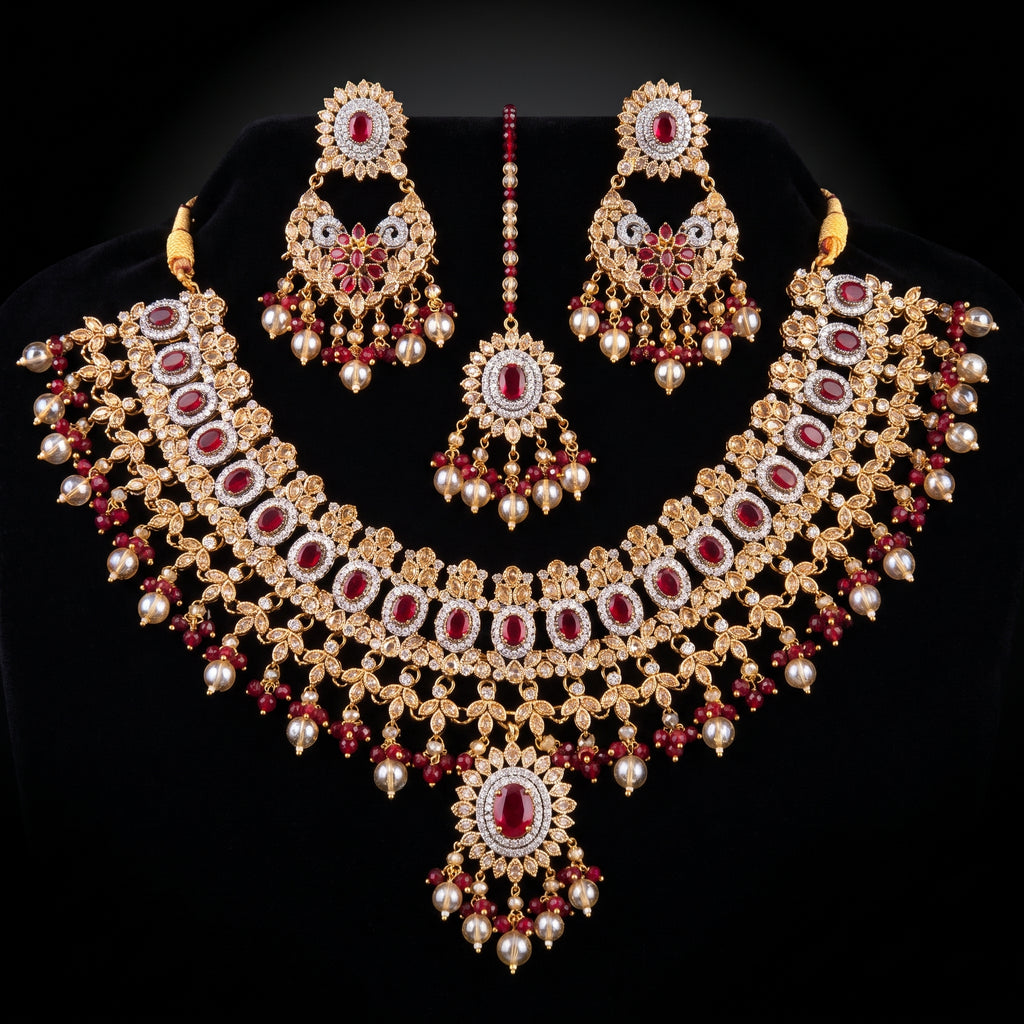 Maroon Ruby Halo Bridal Set with Jhoomar