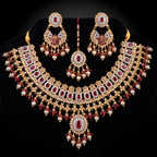 Maroon Ruby Halo Bridal Set with Jhoomar