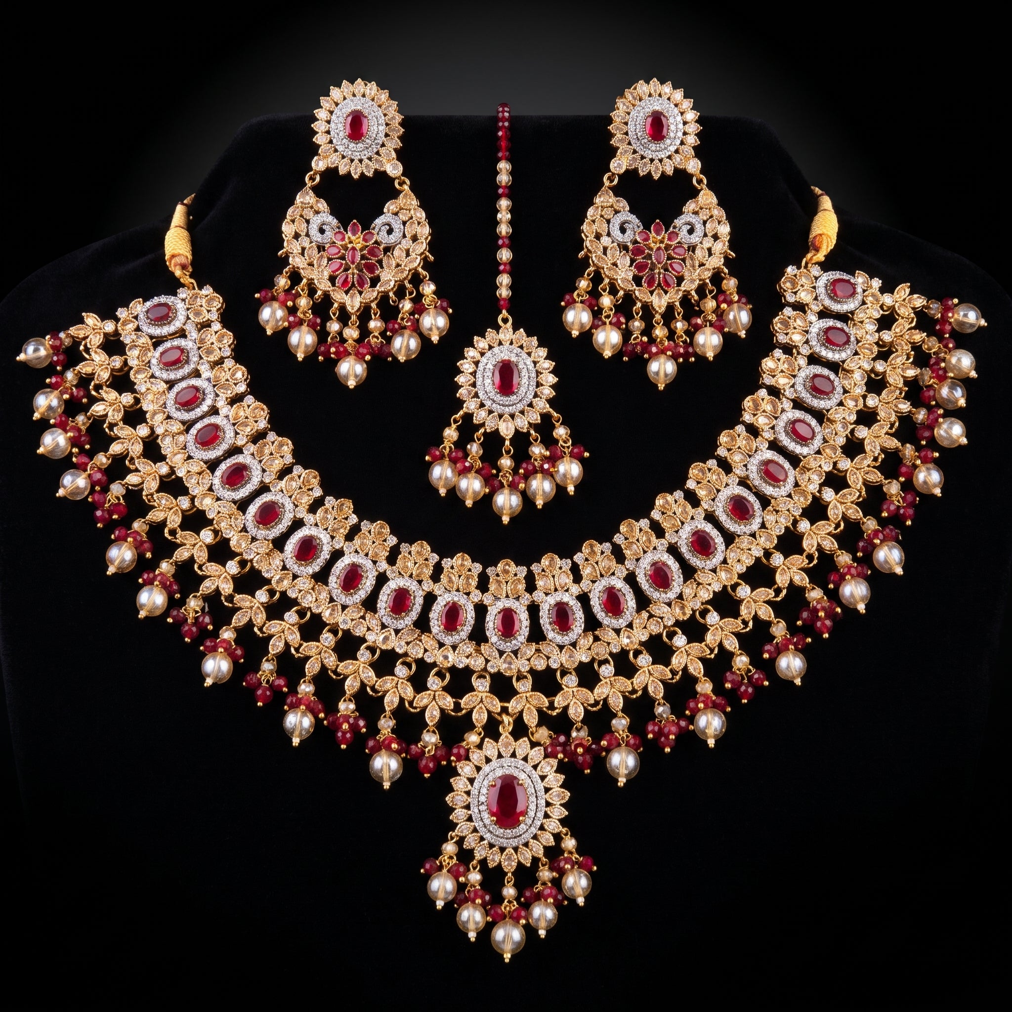 Maroon Ruby Halo Bridal Set with Jhoomar