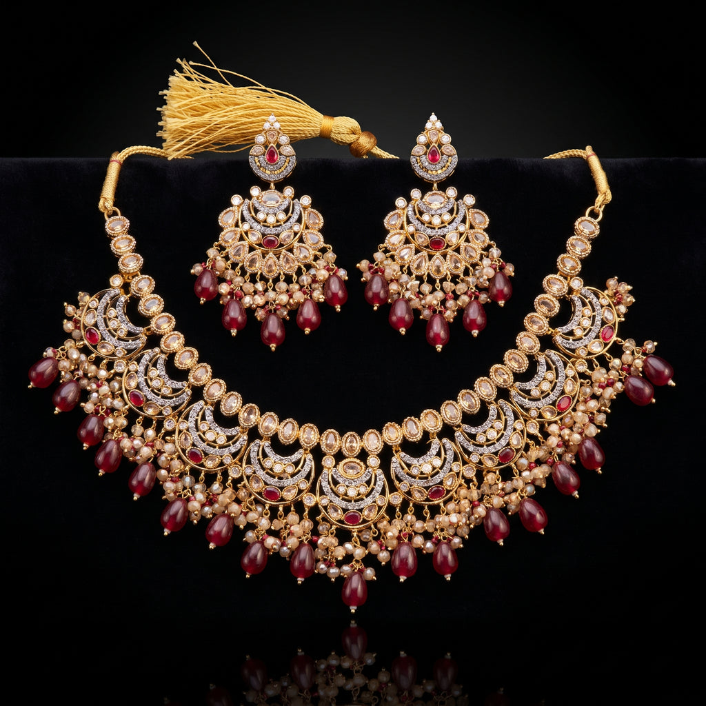 Gold Chaand Maroon Drop Bridal Set with Tikka