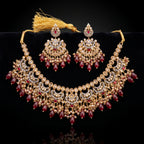 Gold Chaand Maroon Drop Bridal Set with Tikka