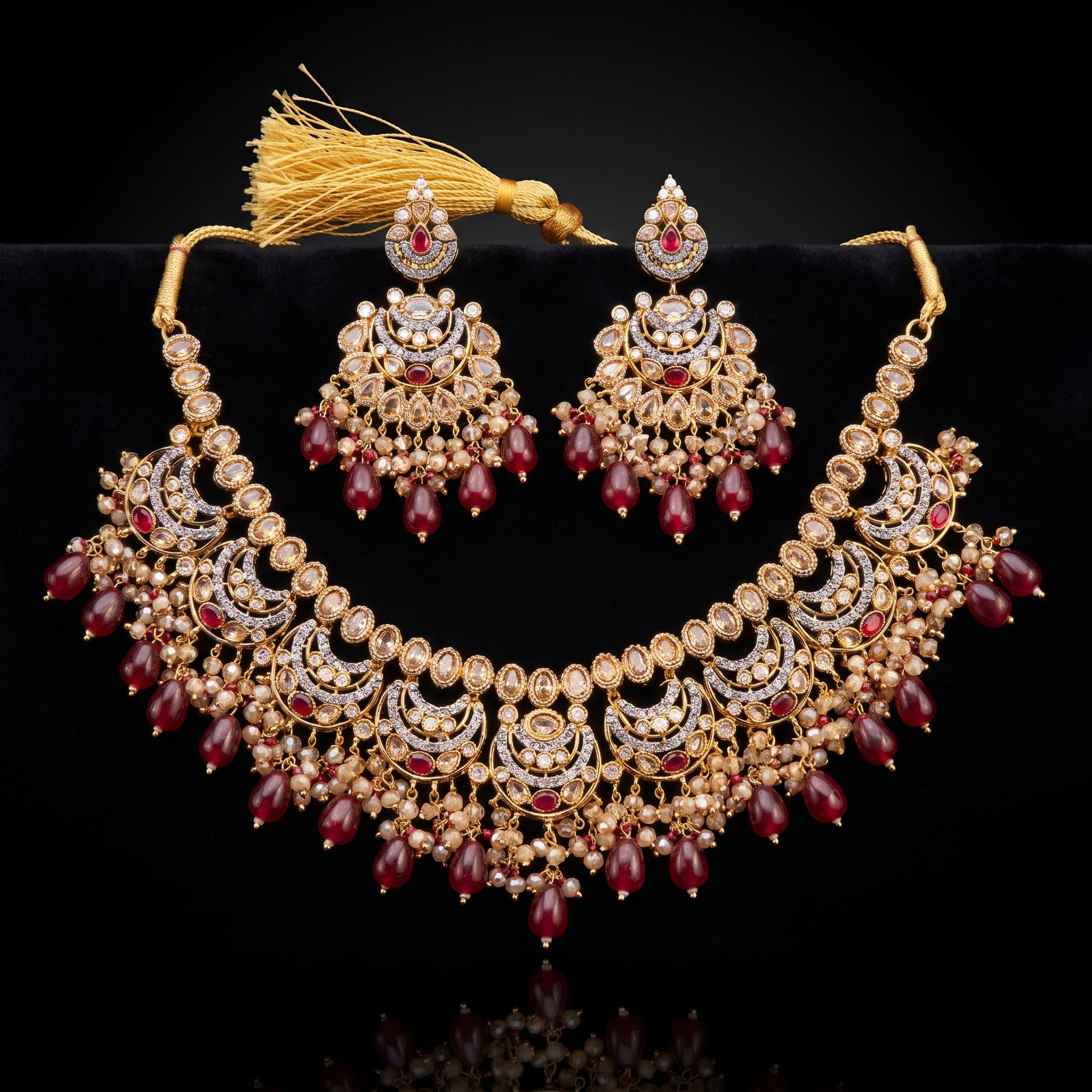 Gold Chaand Maroon Drop Bridal Set with Tikka