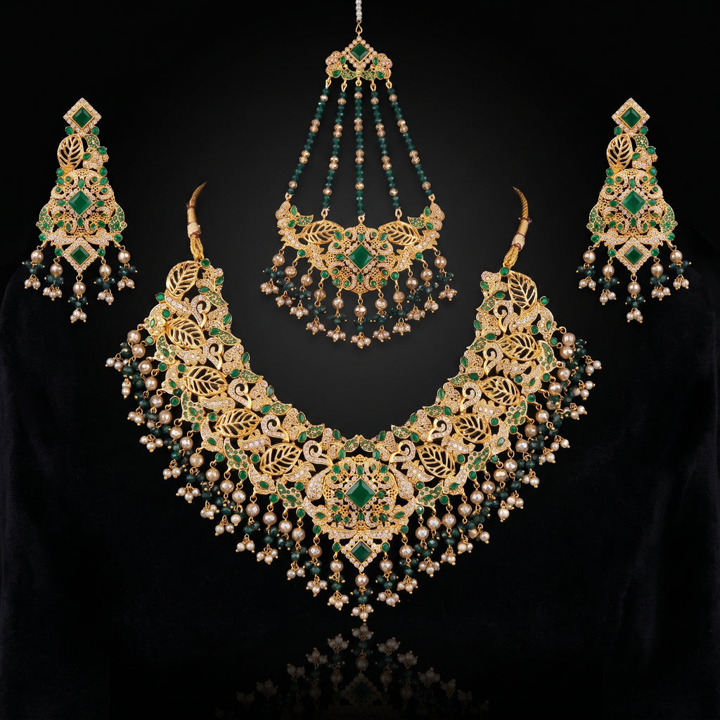 Emerald Green Leaf Jaali Bridal Set with Jhoomar