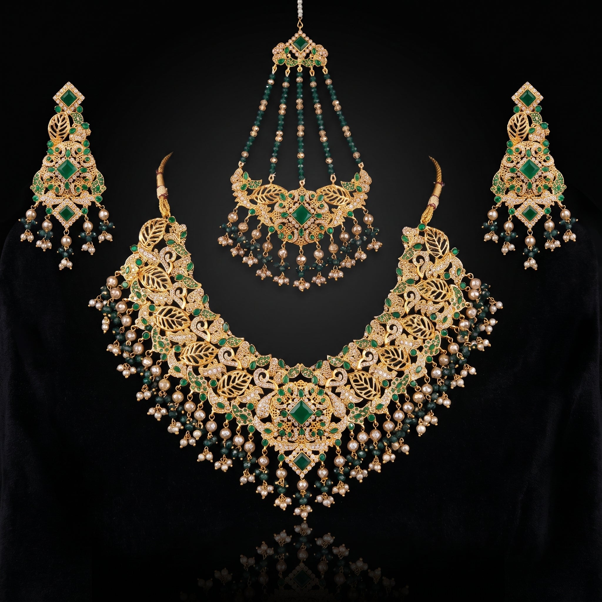 Emerald Green Leaf Jaali Bridal Set with Jhoomar