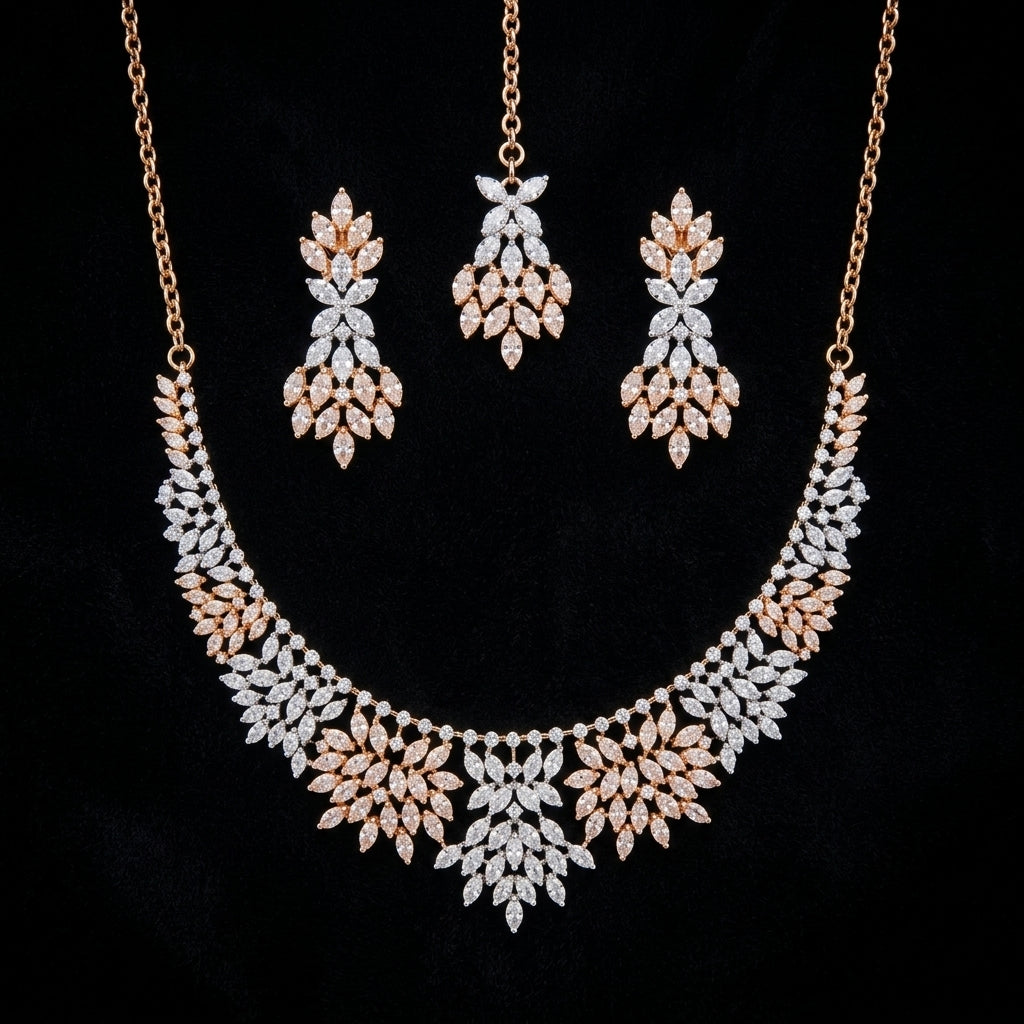 Two-Tone CZ Marquise Leaf Necklace Set