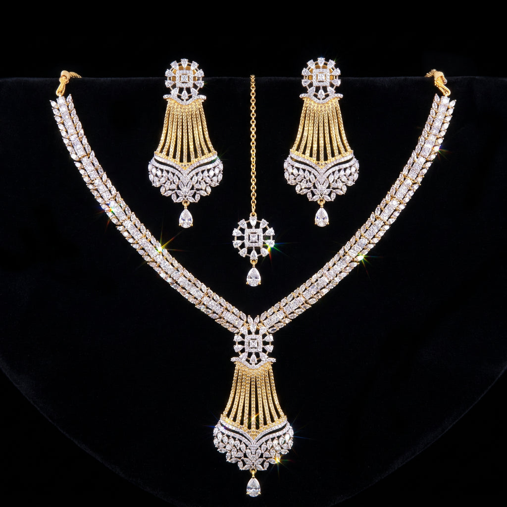 Silver Zircon Tennis Bridal Set with Gold Chain Tassel Earrings