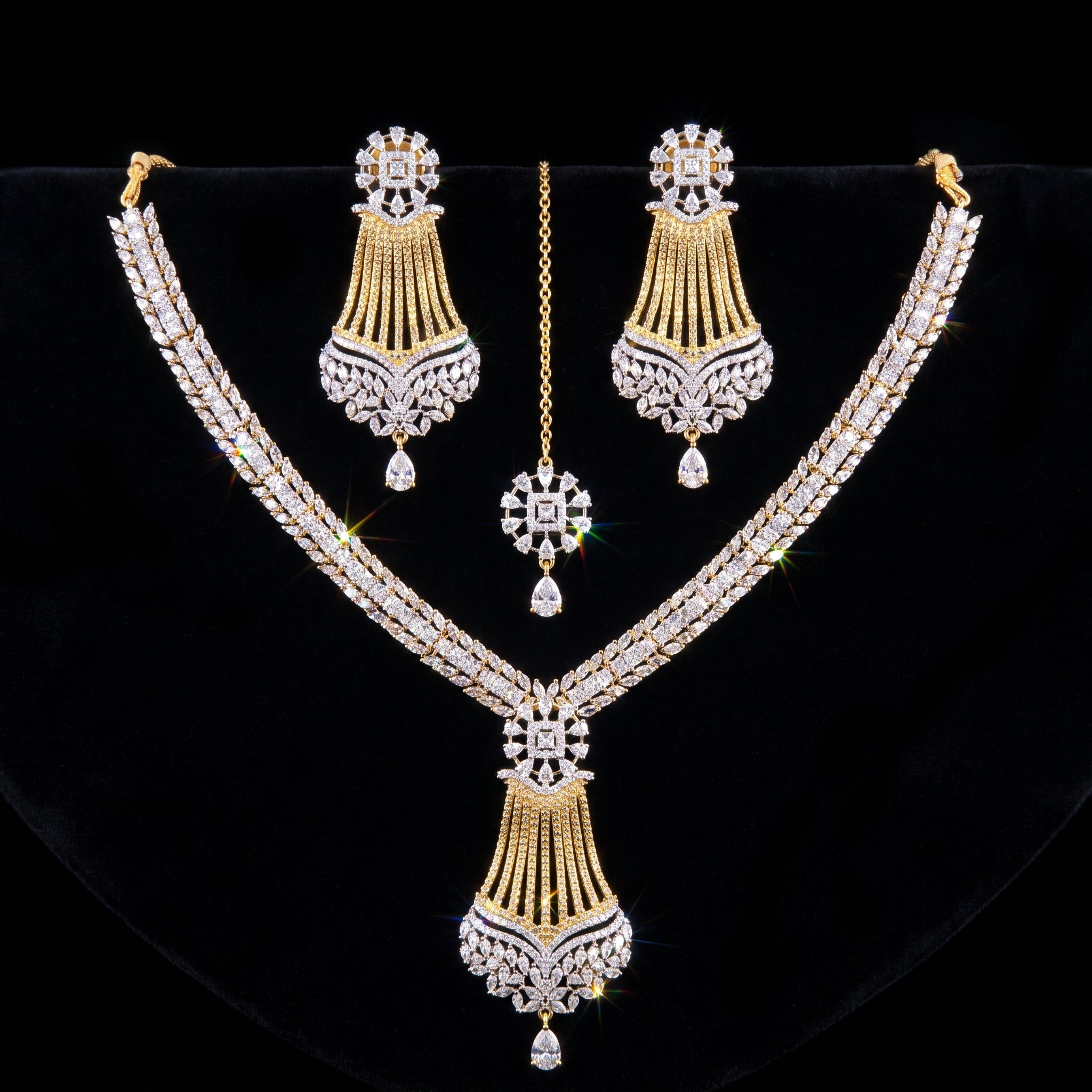 Silver Zircon Tennis Bridal Set with Gold Chain Tassel Earrings