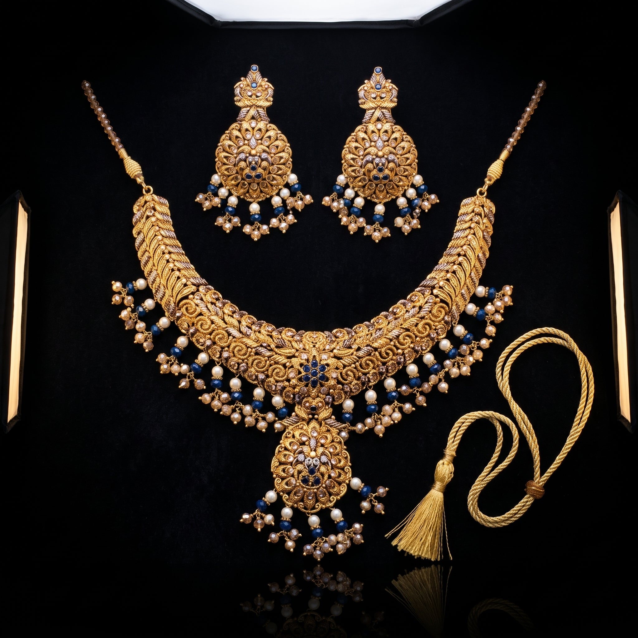 Gold Filigree Bridal Set with Sapphire Blue & Pearl Beads