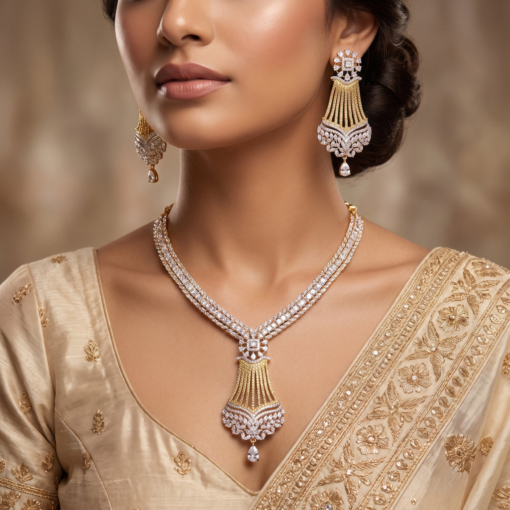 Silver Zircon Tennis Bridal Set with Gold Chain Tassel Earrings
