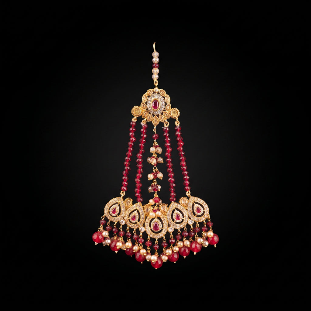 Scarlet Red Teardrop Chandbali Bridal Set with Jhoomar