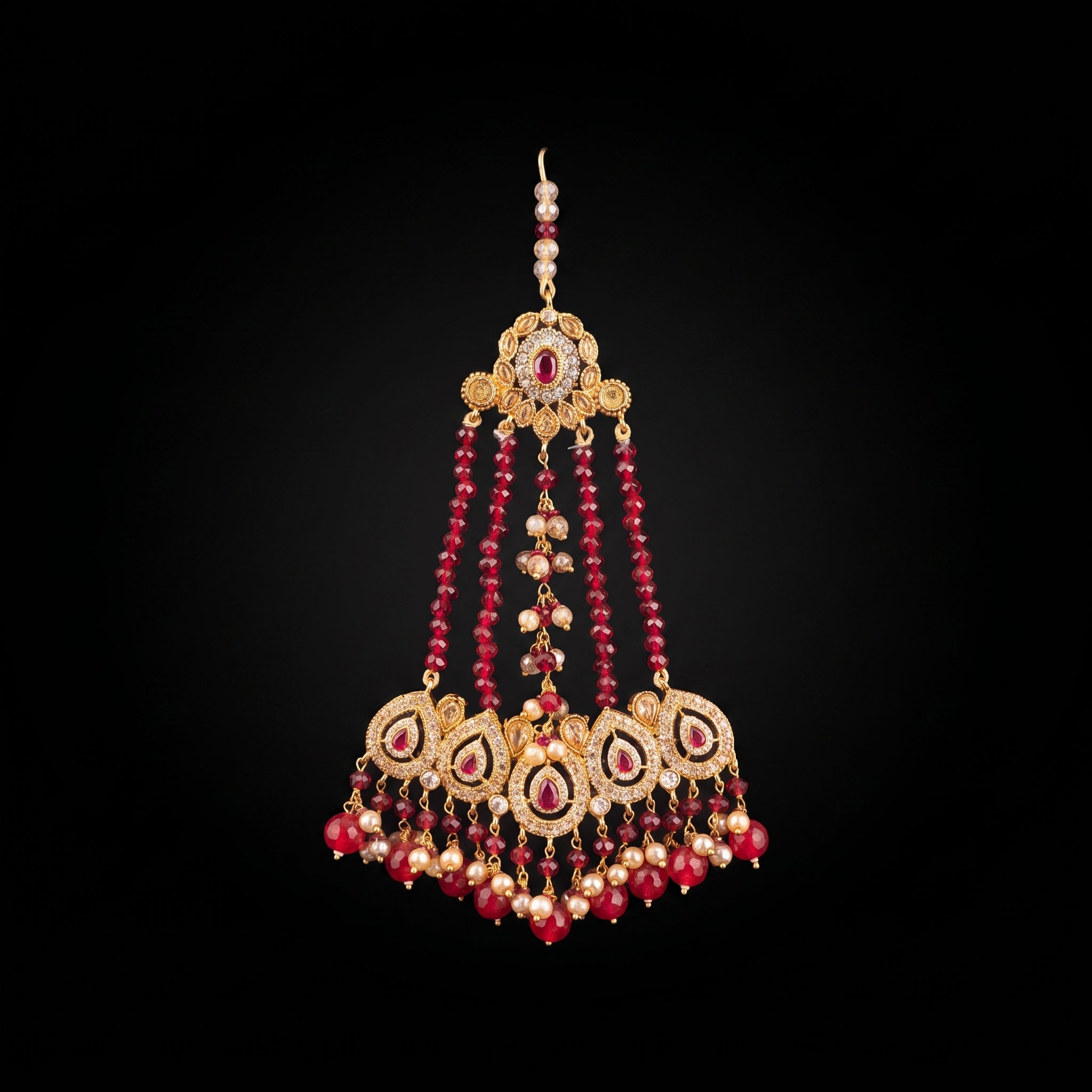 Scarlet Red Teardrop Chandbali Bridal Set with Jhoomar