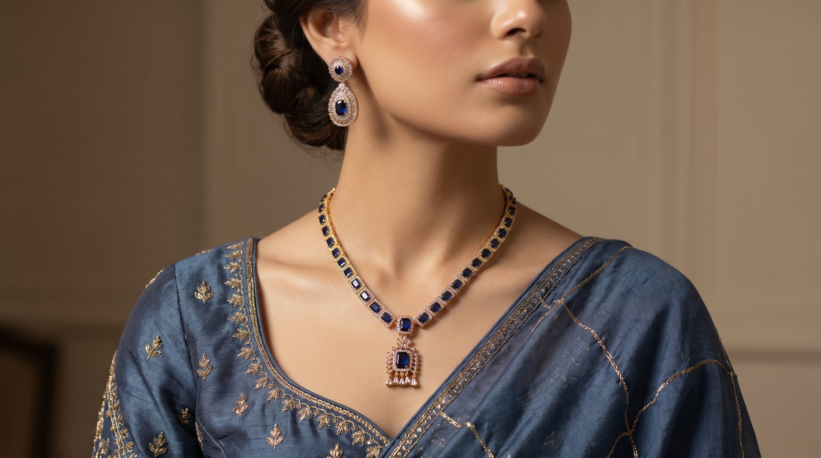 Royal Blue Sapphire & Diamond Baguette Necklace Set