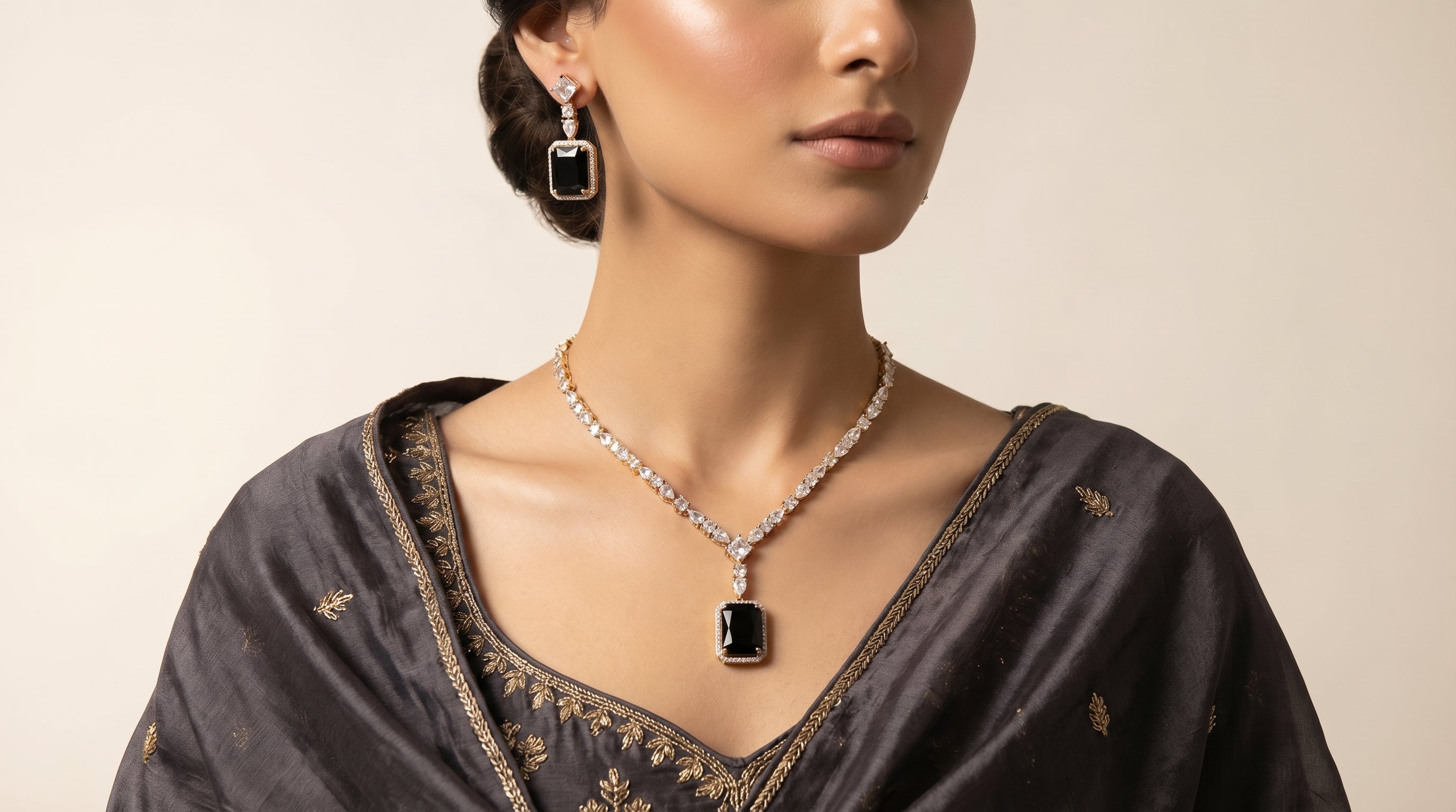 Black Onyx & Diamond Crystal Pendant Necklace Set