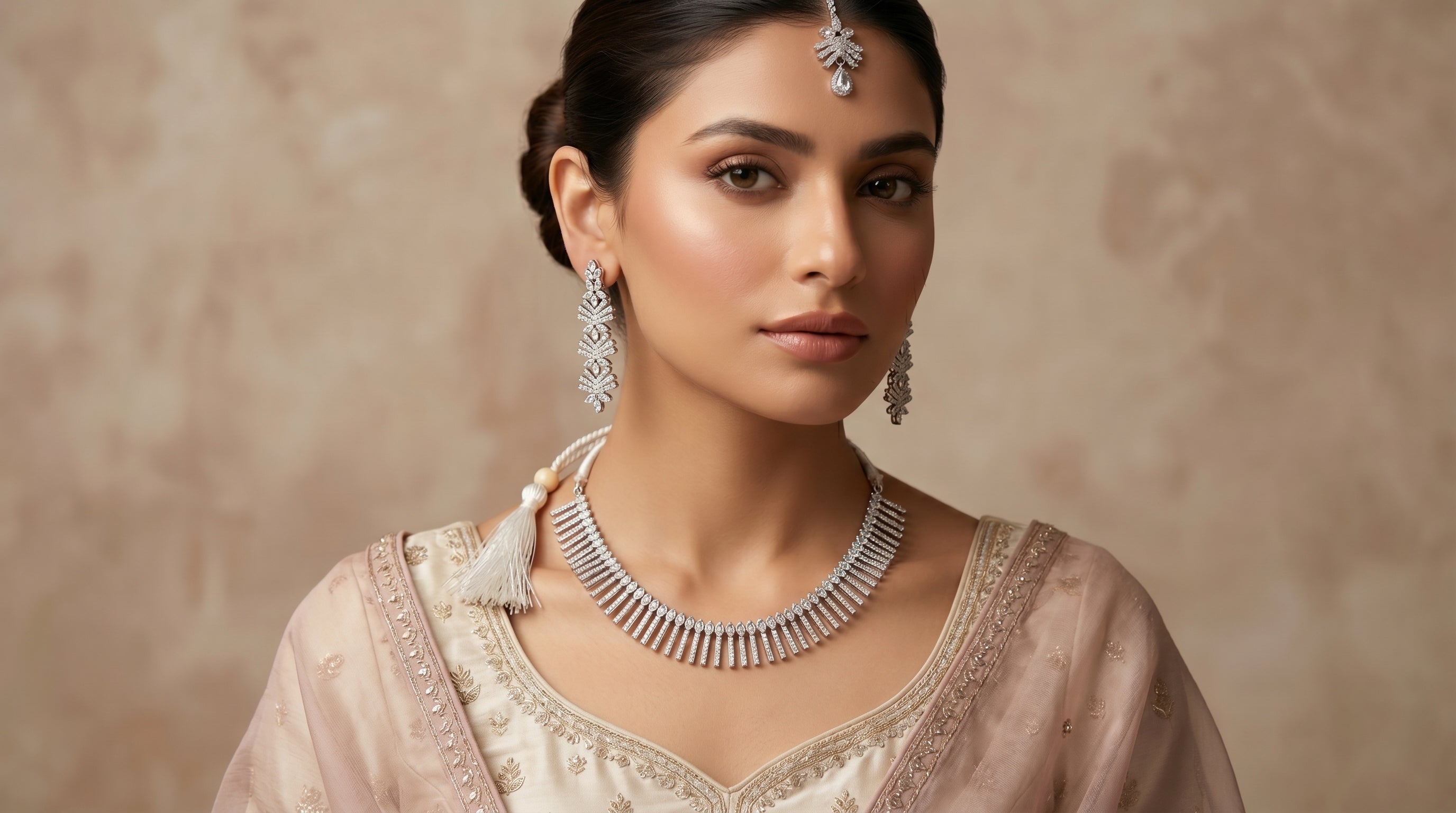 Silver Diamond Baguette Fringe Choker Necklace Set