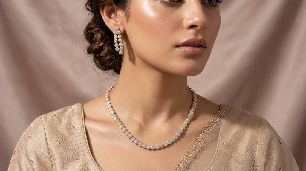 Two-Tone Diamond Floral Cluster Chain Necklace Set