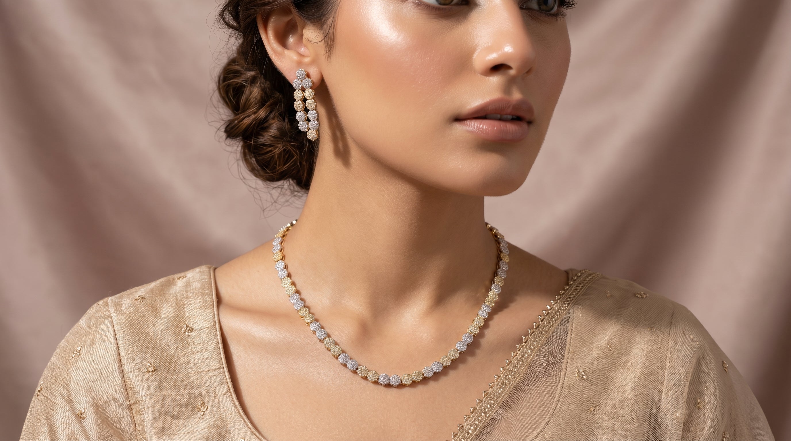 Two-Tone Diamond Floral Cluster Chain Necklace Set