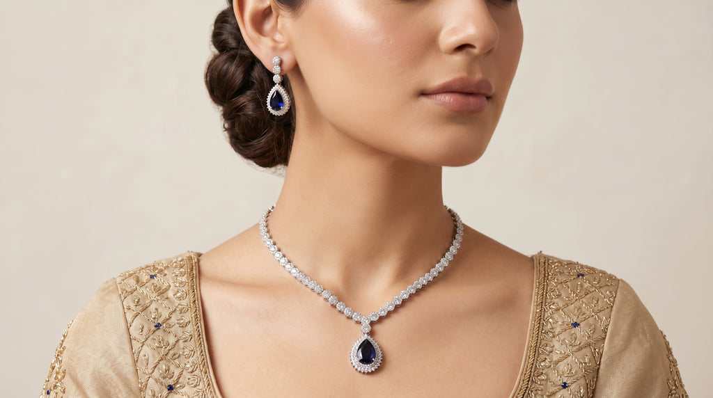 Royal Sapphire & CZ Diamond Tennis Necklace Set
