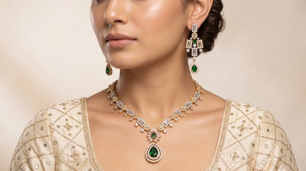 Emerald & Diamond Baguette Floral Necklace Set