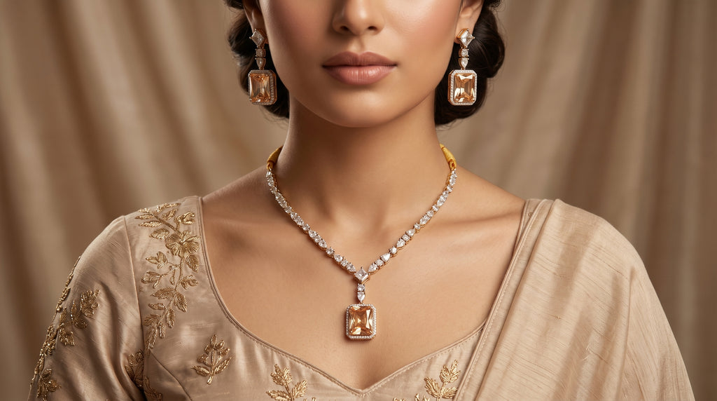 Champagne Morganite & Crystal Diamond Tennis Necklace Set