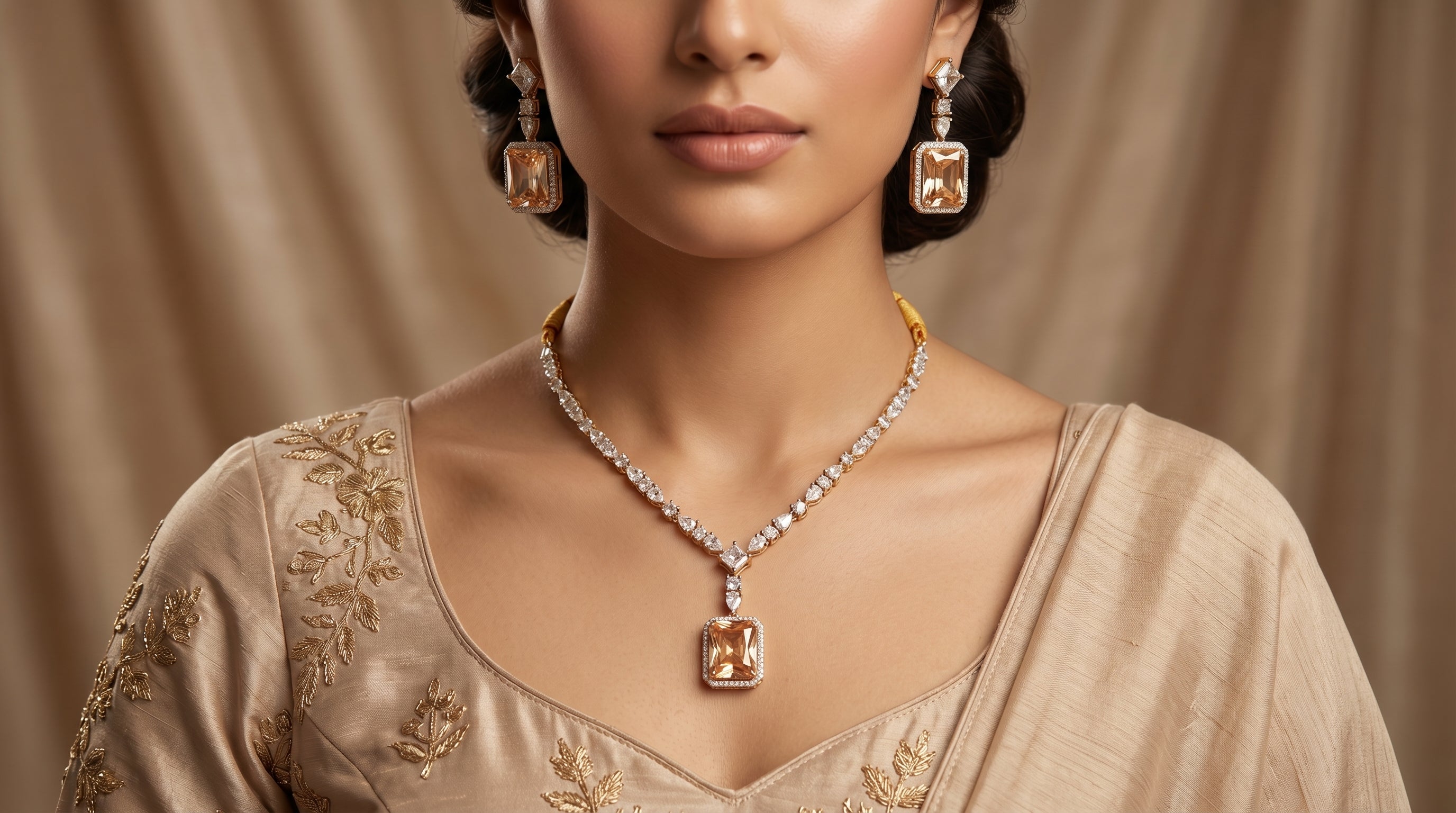 Champagne Morganite & Crystal Diamond Tennis Necklace Set