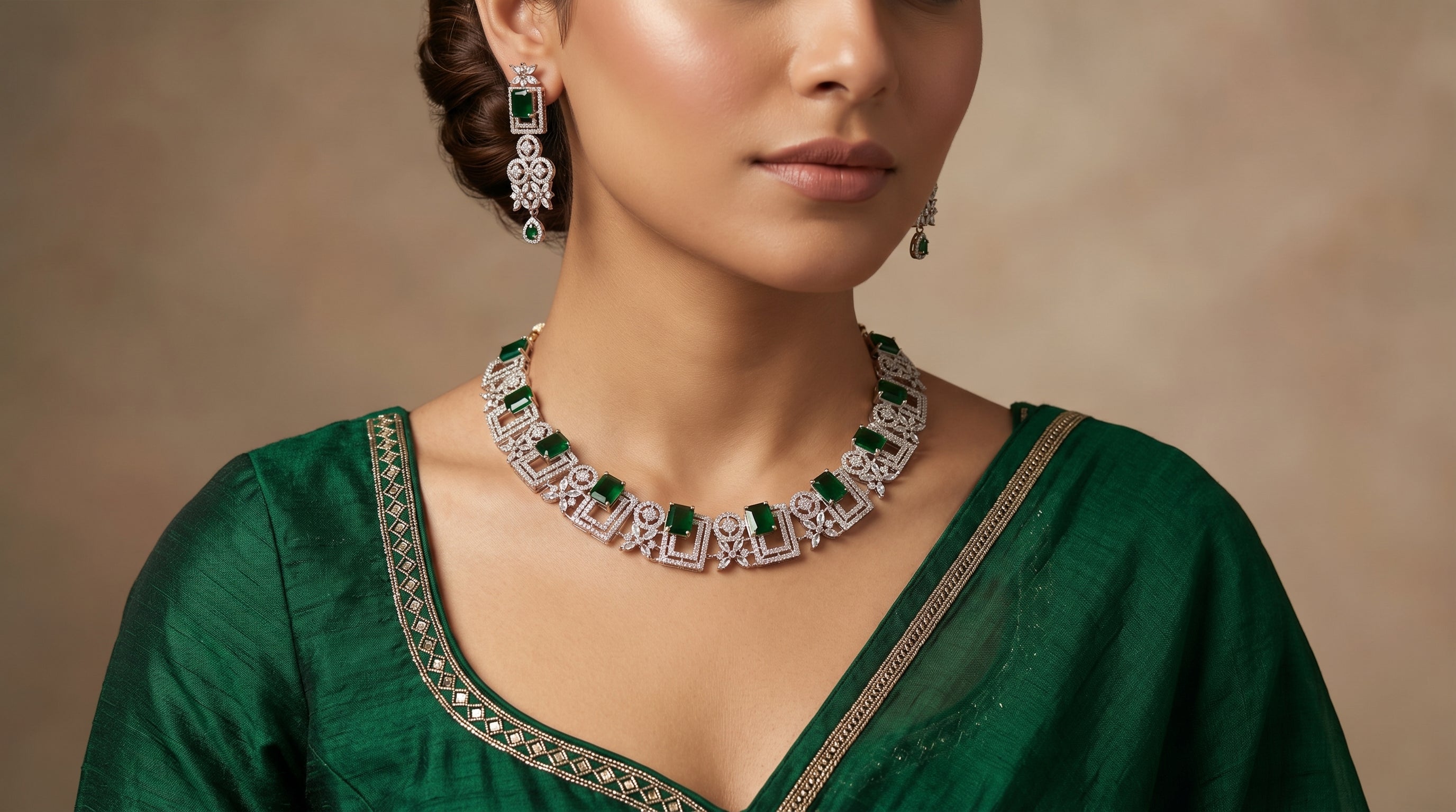 Emerald & Crystal Diamond Geometric Panel Choker Necklace Set