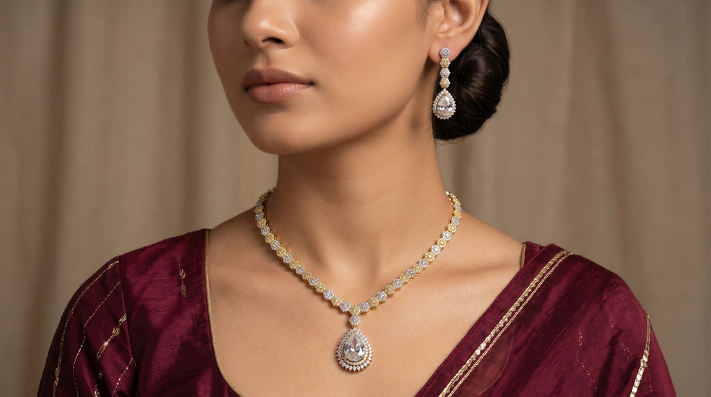 Two-Tone Crystal Diamond Floral Chain Necklace Set