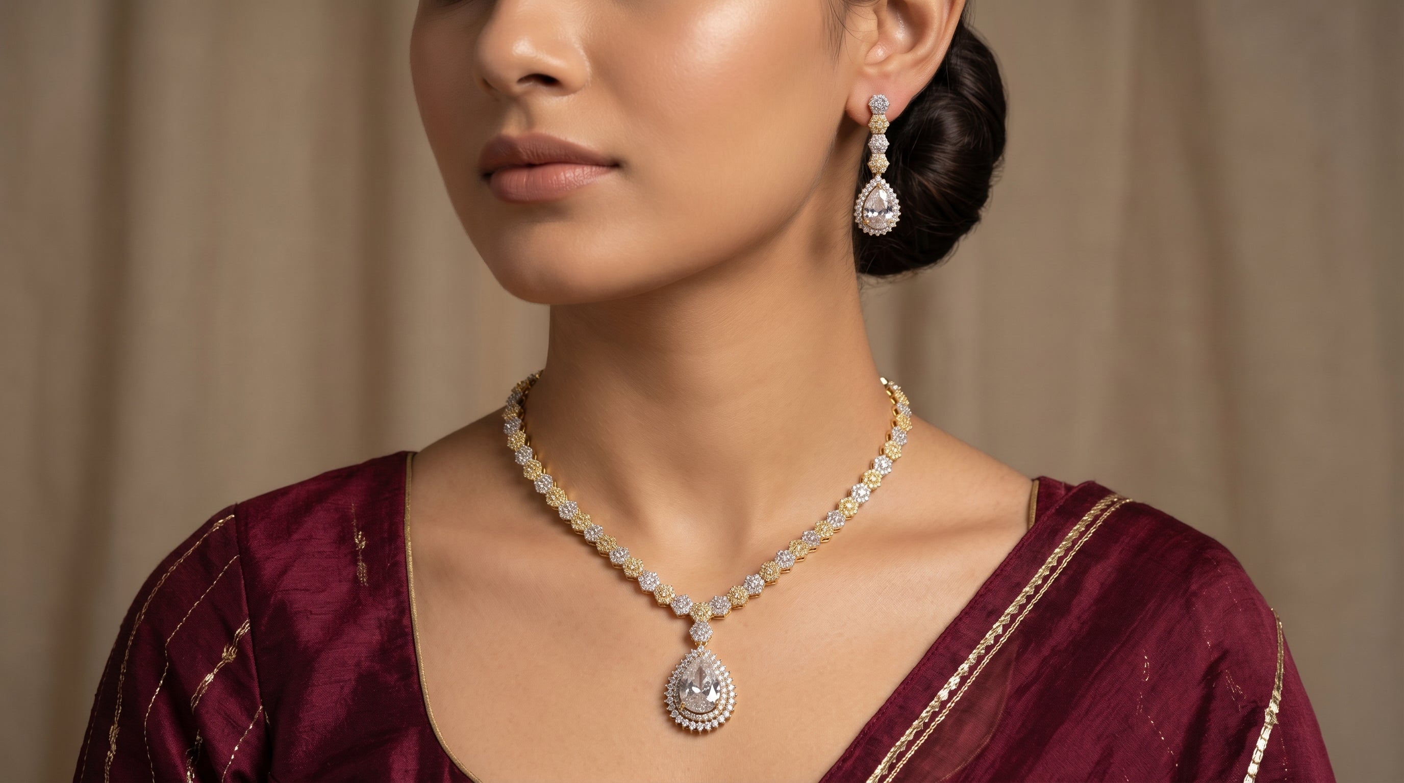 Two-Tone Crystal Diamond Floral Chain Necklace Set