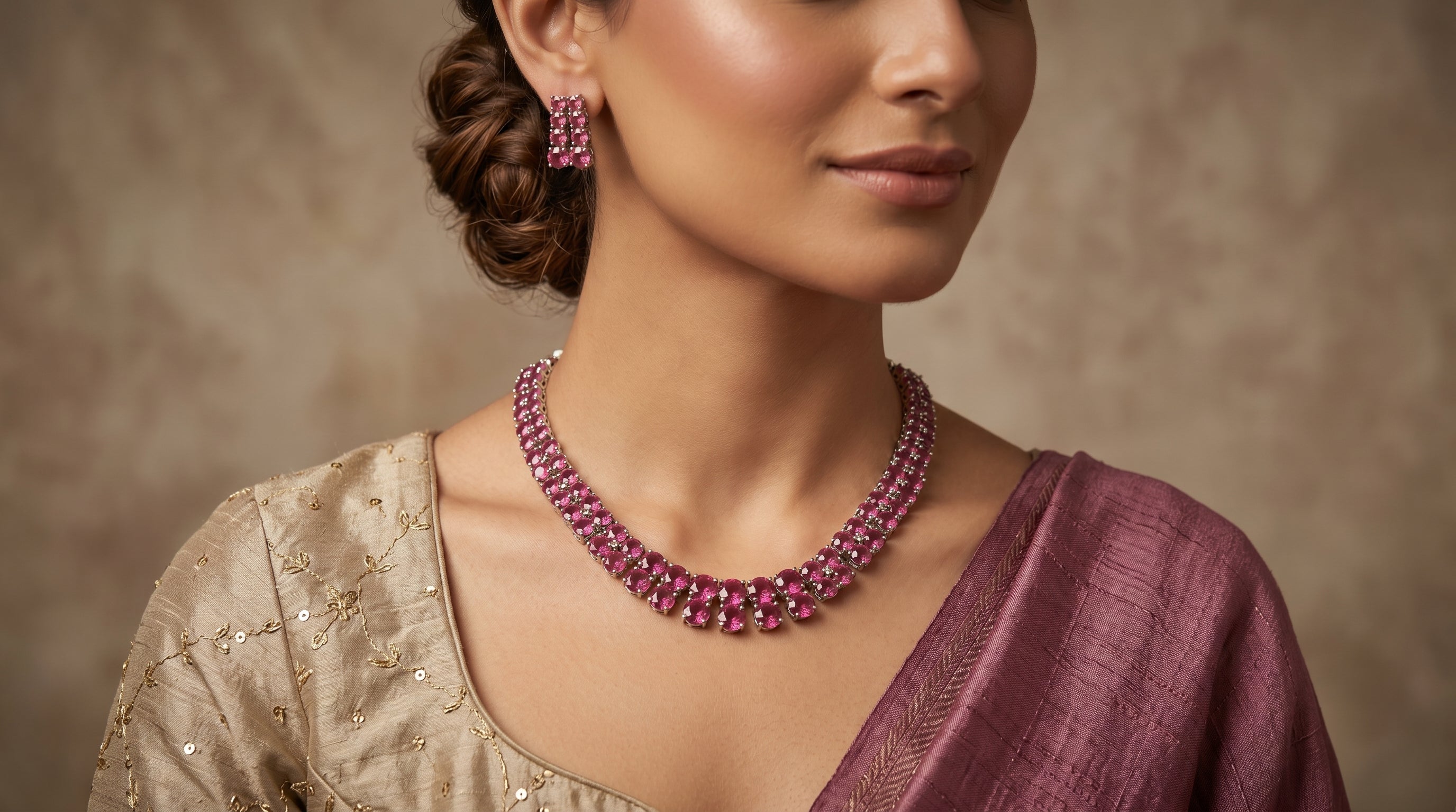 Pink Ruby Multi-Row Oval Stone Collar Choker Necklace Set