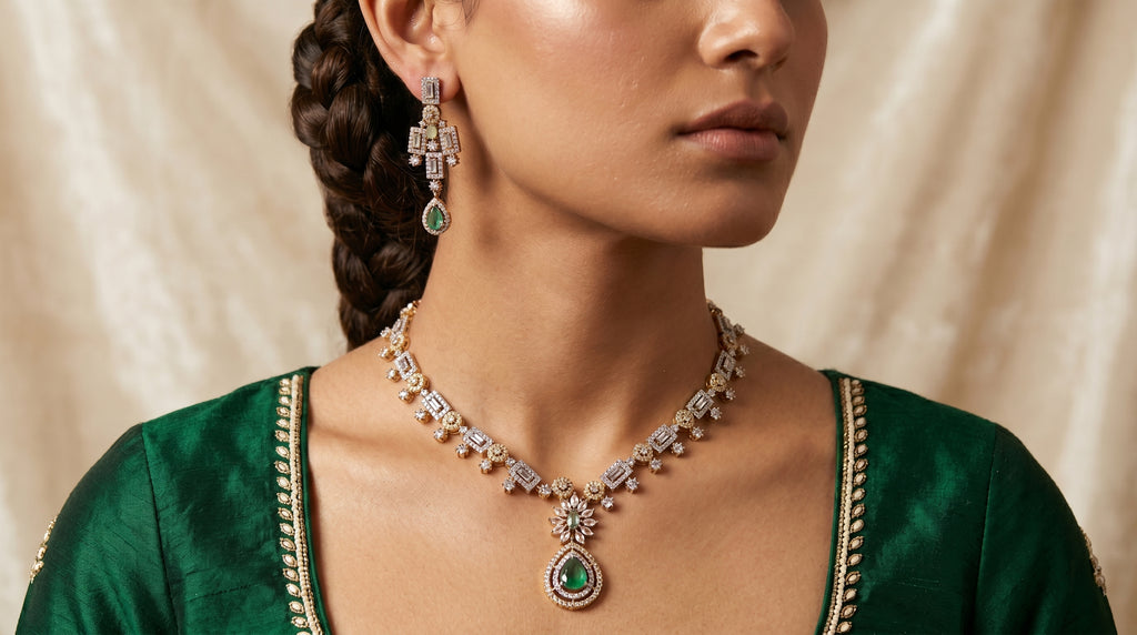 Mint Green & Crystal Diamond Two-Tone Geometric Baguette Necklace Set
