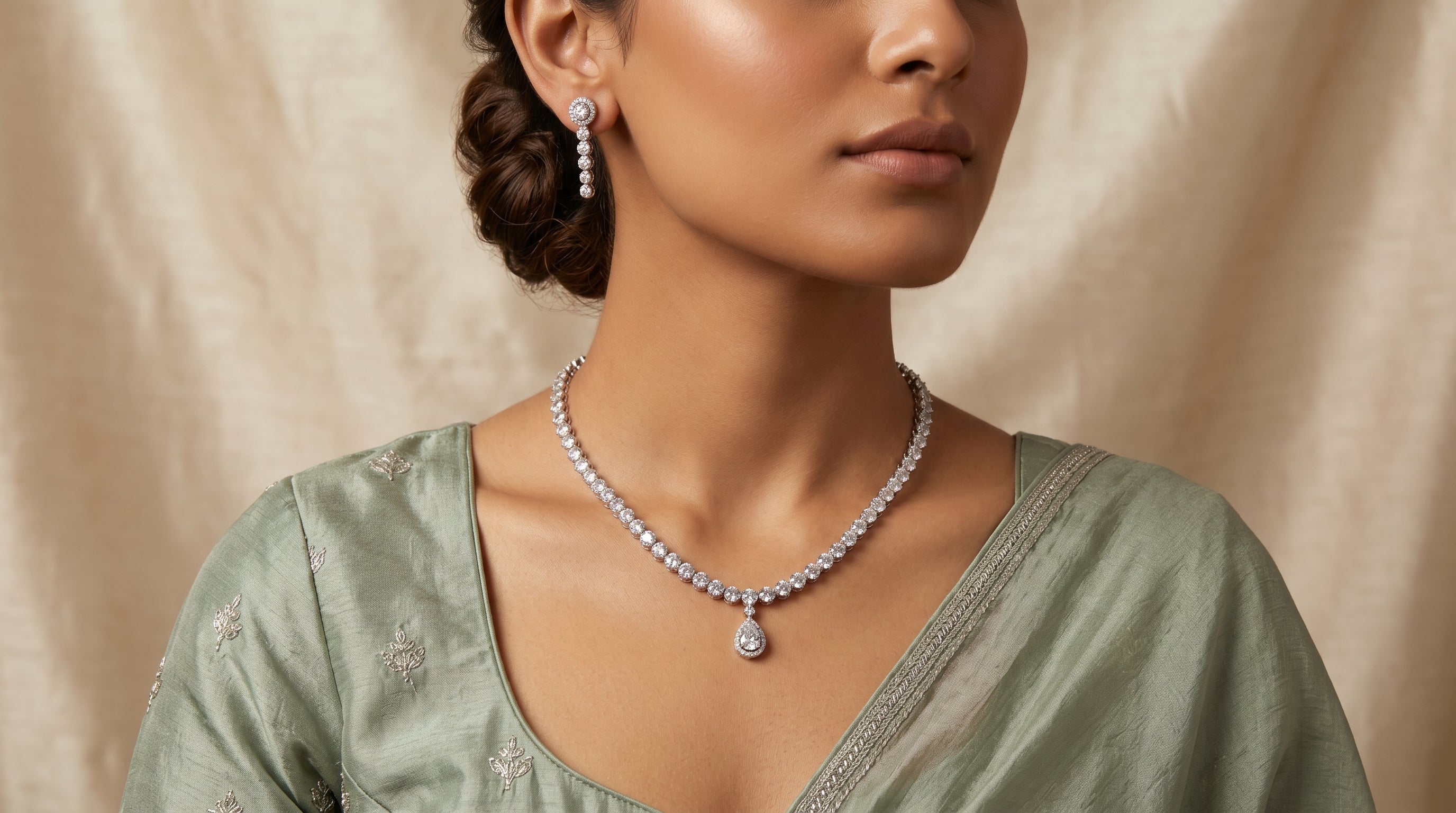 Silver Crystal Diamond Tennis Necklace Set